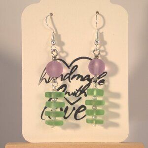 Purple and Green Sea Glass Beaded Dangle Pierced or Clip-on Earrings
